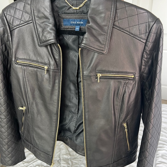 Cole Haan Jackets & Blazers - Cole Haan black lambskin leather moto jacket with gold-toned hardware